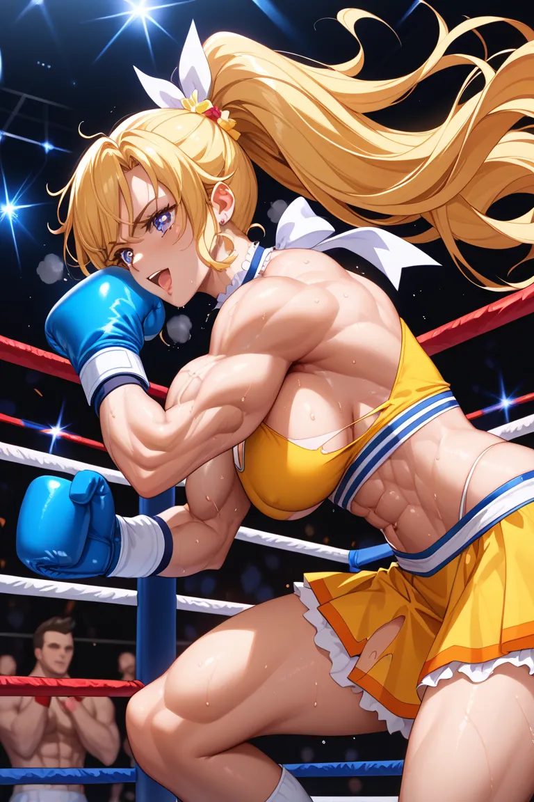 A magical girl with long blonde twin-tails, wearing a bright yellow dress with white ribbons and orange accents (inspired by Precure/Cure Sunny), leaning heavily against the ropes in a boxing ring. She has an extremely muscular, ripped physique with chisel...