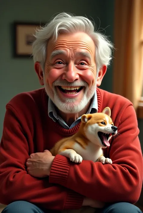 A 70-year-old man, With a red sweater, Who plays with a laughing 