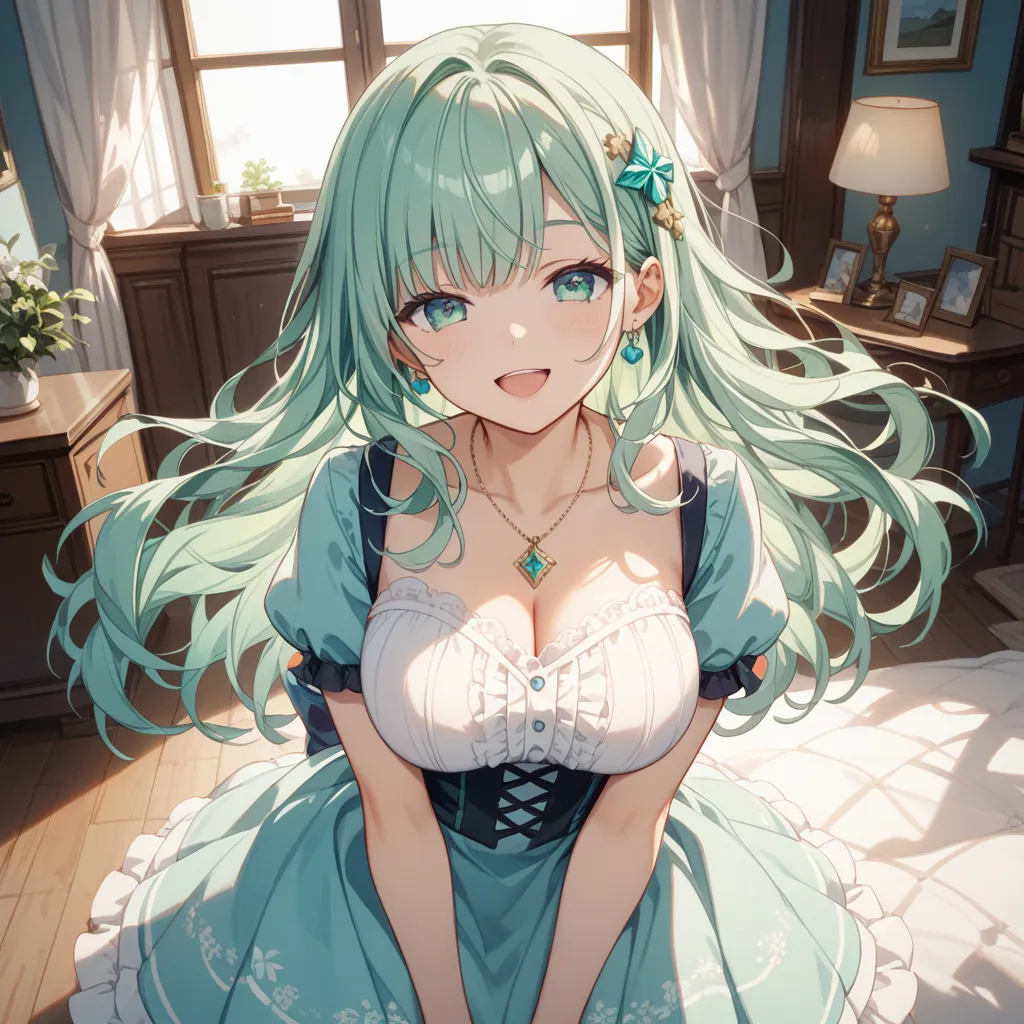 Mint green hair、long hair、 eye larger、Keep the outer corner of your eye high 、lashes slightly longer、Small nose、Open your mouth slightly、smile、18 years old、Lean forward、the top of the chest is exposed、Bigger breasts、gorgeous sexy dress、Short sleeve、miniski...