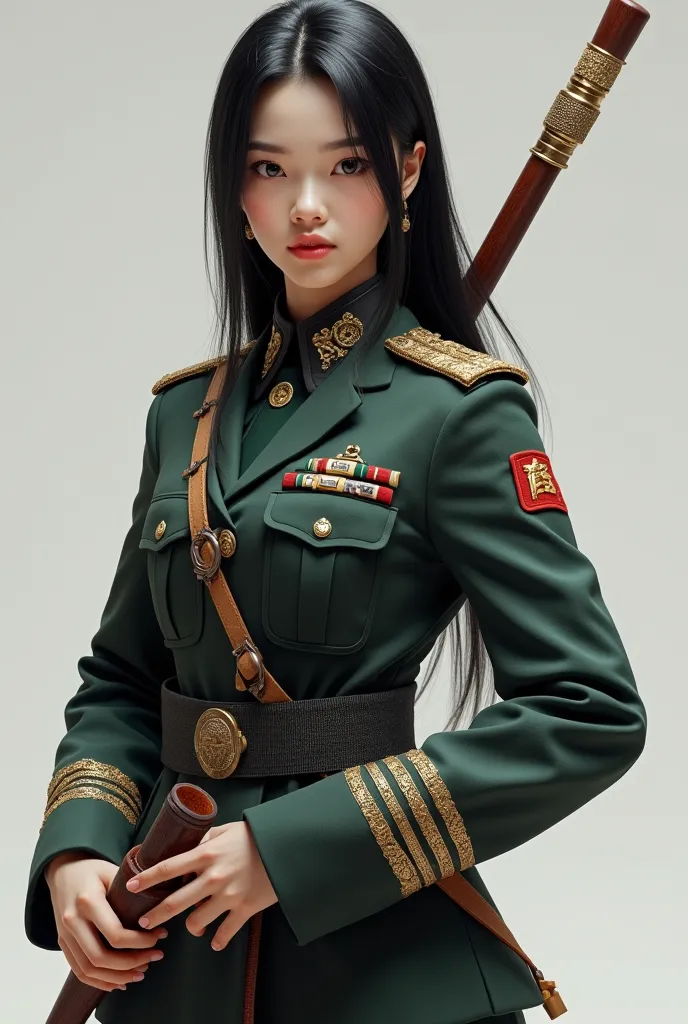 Generate for me a 3D image of a pretty Asian woman with smooth black hair in a soldier's uniform armed with her hand written DILA SIU in front 