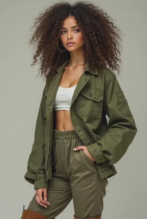 A white girl looking like an AI, with curly and big hair.  with brown eyes, wearing clothes: Green Jacket, using a short white top. With knee-length pants, showing her knitted calves. You have to be sexy and 21 years old. wears brown boots and her dress lo...