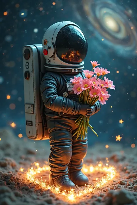 A little astronaut wearing a black .  vinyl astronaut suit in his hands carries a bouquet of pink flowers and flowers in the shape of stars. On his feet is a heart made of stars and a background of night and nebulas and a swirling galaxy 