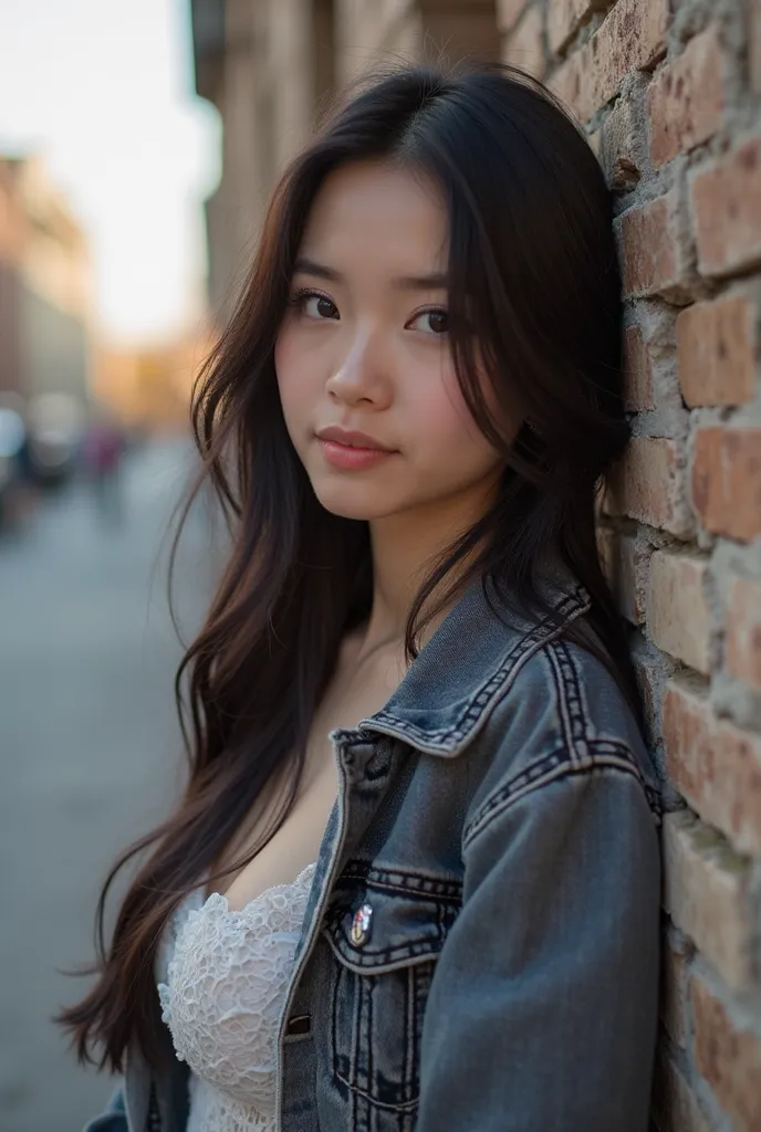 A Beautiful asian women with long black straight soft hair, 20 years old,sexy, wearing a cute sexy fur jean jacket,  pants, leaning next to a wall,enjoying her evening , cat eye make-up, beautiful eyes ,  full body shot, sexy pose,  sexy pose, High resolut...