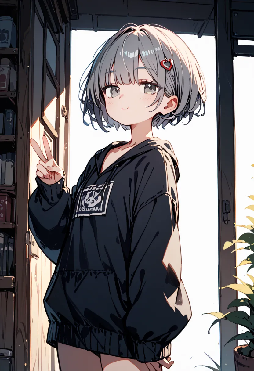 dark blue grey hair, grey eyes , short hair, cowboy shot, peace sign