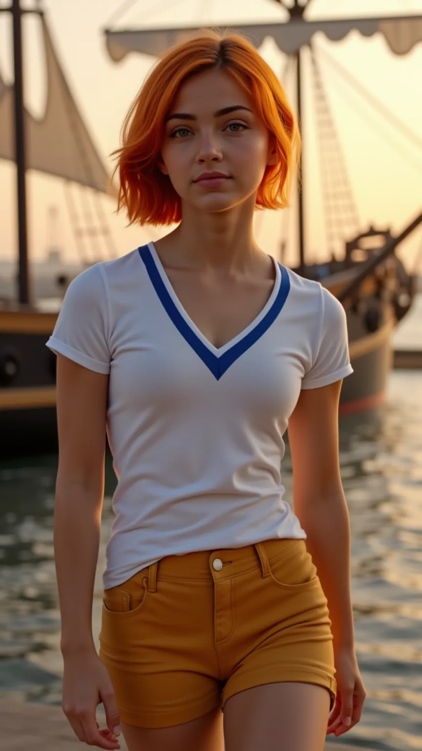 Young girl with vibrant orange hair her short hair layered with a side fringe not completely straight but with loose locks that frame her face, Slight undulation, somewhat disheveled, no perfectly defined line, carefree style , , with a fitted white v-neck...