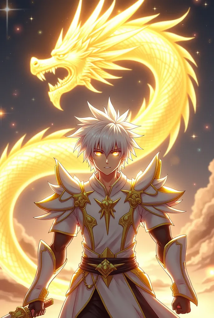 "A young anime warrior named Shiro, with messy white hair and glowing golden eyes, wearing stylized armor white and gold with details of heavenly energy flowing around.  He has a firm and determined posture , holding a sacred sword with shiny marks. Behind...