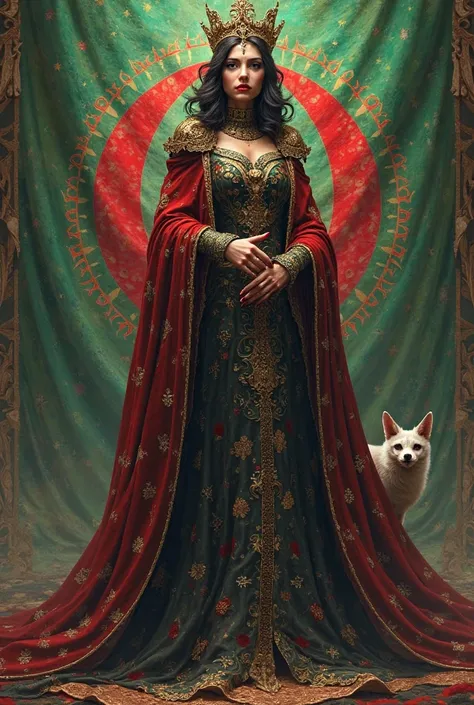 Queen of Spades with an Ace of Spades in her right hand and a small fennec fox in the background of an Algerian flag