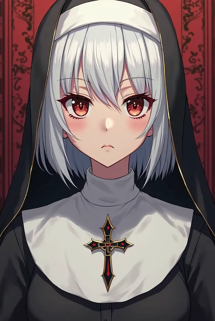 a close up of a person in a nun costume with a cross, an anime drawing inspired by Li Chevalier, pixiv, gothic art, nun outfit, white haired deity, vampire nun, nun, nun fashion model, an evil nun, white haired lady nun, Brown nun, grandes atributos, nun, ...