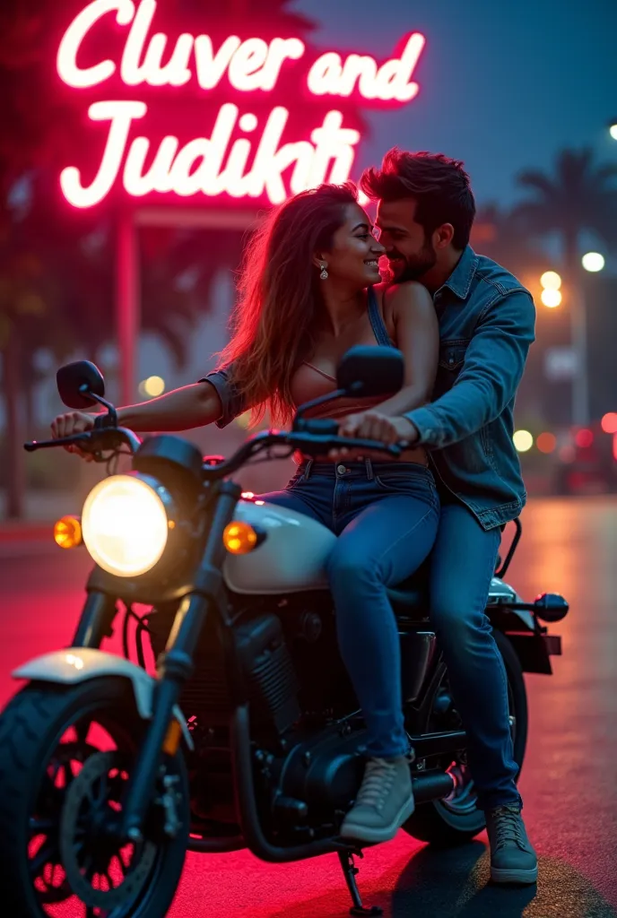 Loving couple in jeans on a motorbike. Bright names background "Cluver and Judith"  at night