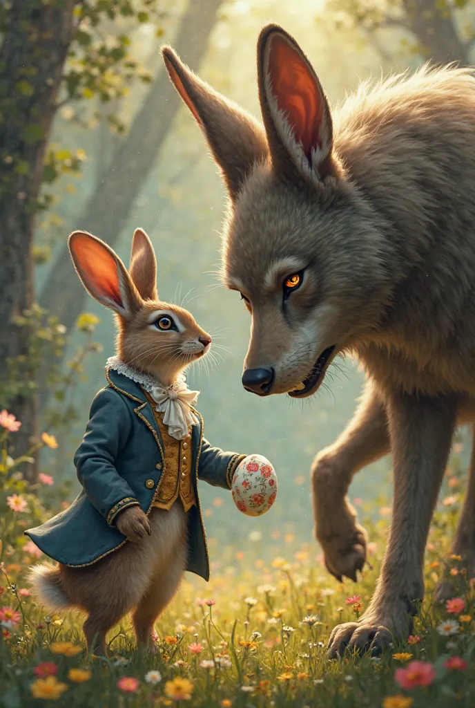 A rabbit dressed in 19th century costumes delivering an Easter egg to the wolf from the Little Red Riding Hood stories 