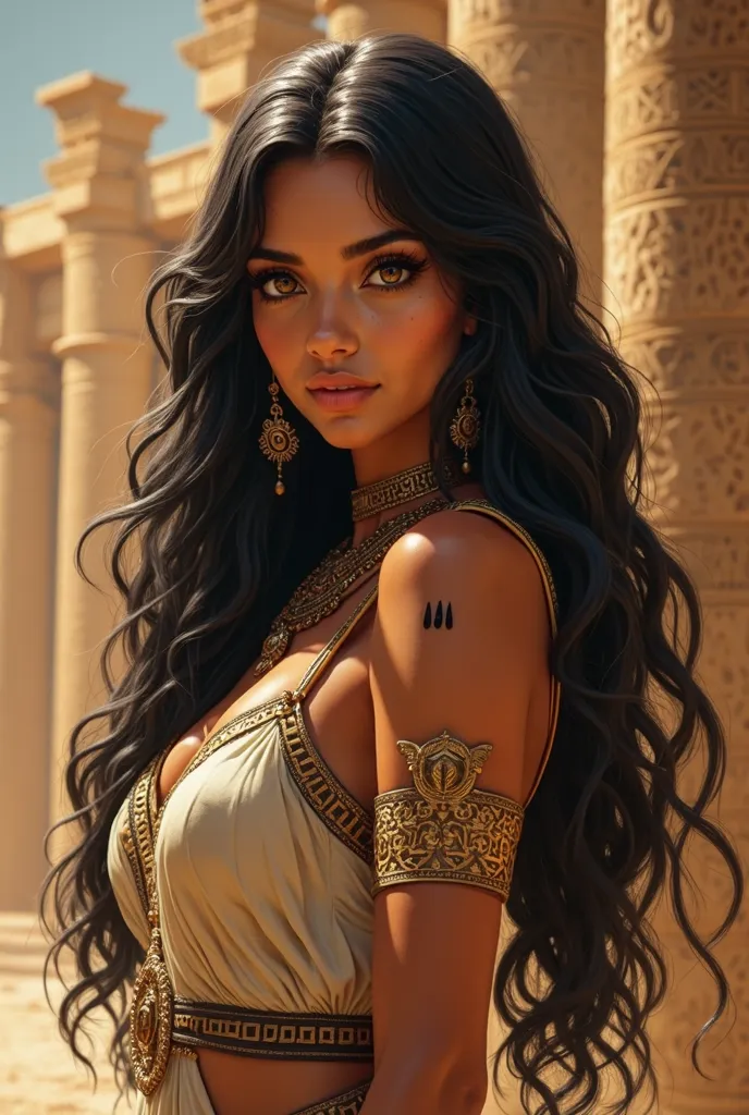 "Ultra-detailed portrait of a 23-year-old Egyptian warrior and noble, Cleopatra's half-sister. She stands at 1.73m tall with an athletic, curvaceous figure combining strength and elegance. Her intense, glossy black hair falls in thick, lustrous waves, perf...