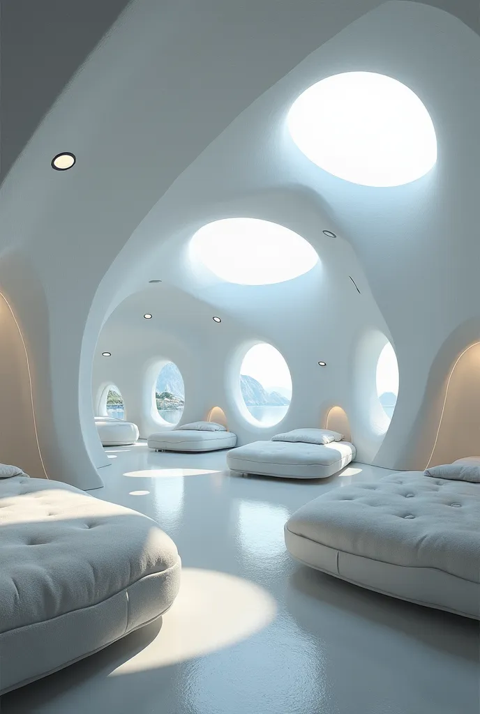 Housing for 500 people shaped like geodesic domes built with high-strength materials
 • Colours and ambience: White and gray tones with adjustable LED lights.
	• Furniture: minimalist, floating or integrated into the walls.
	 • Windows : Holographic screen...