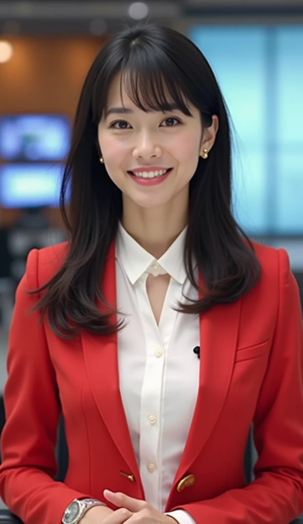 This is Japanese News Caster NHK News.., serious expression, speaking with serious expression, with staring at camera, (((speaking))), Front view, upper body,  Front view, female New news anchor, 1 beautiful Japanese women, 30-age, (black  straight middle ...