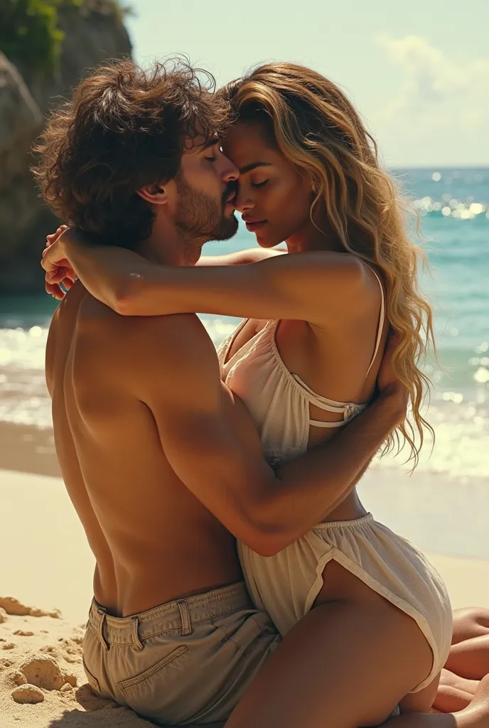 George harrison e beyoncé,  peeled,on a beach,  kissing,  on top of each other , in the sand 