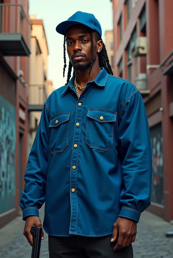 Create a young black gangster with straight back braids  wearing a blue shirt and a blue cap and holding a pistol and standing. In the hood he ha