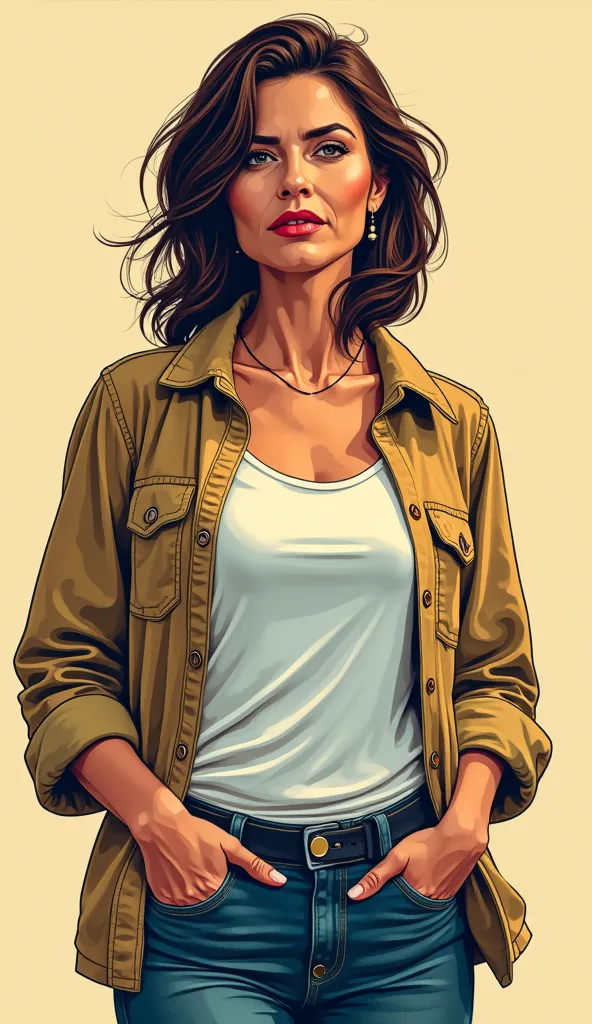 DISCREET image. with discreet casual clothes. image adult woman, american, JUST comic book style. with a NEUTRAL FACE. IMAGES WITH VIBRANT COLORS. half body