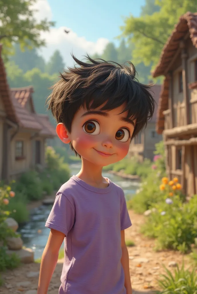 "A peaceful village surrounded by nature, with ren playing and a river flowing nearby. A cute, young boy in Pixar-style 3D, with big hazel eyes, tousled dark hair, fair skin, and wearing a light purple shirt, is seen walking through the village."
