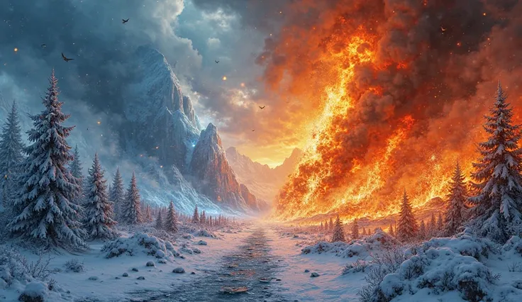 Fire and Ice

Blazing flames rise high
Icicles sharp
They cry
Burning flesh
Frozen hearts
Worlds apart
Torn apart

Ashes in the wind
Frozen souls
They've sinned
Chaos reigns
Fire's bite
Cold death
Endless night

Fire and ice collide!
Destruction worldwide!...