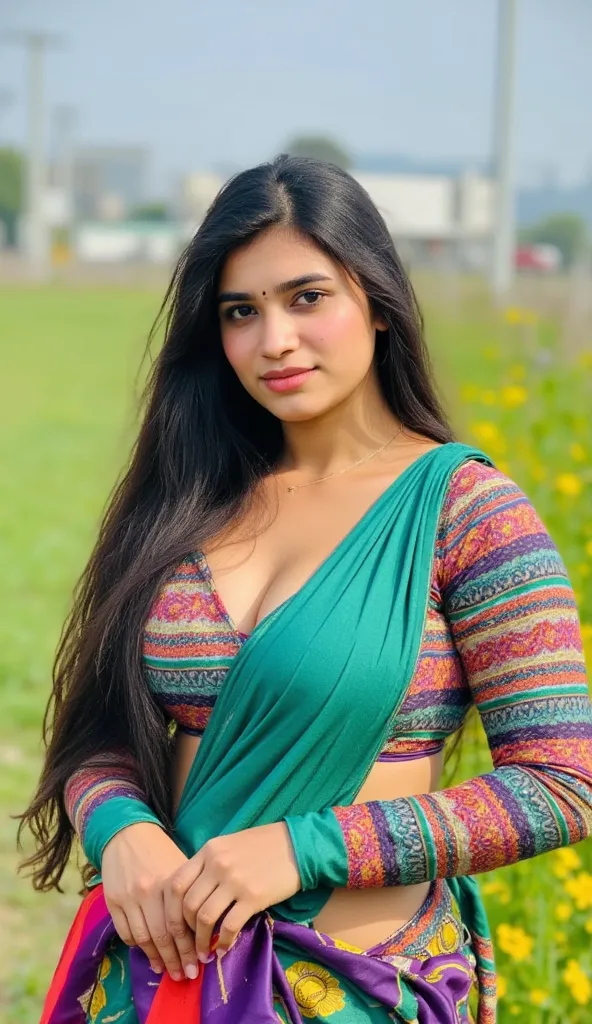 A half body of confident-looking Bangladesh woman with long and thick hair, (masterpiece, best quality:1.2), looking at viewer, hazel eyes, royal and lusty look, posing like a professional model for a photoshoot, (((big breast))), perfect composition and l...