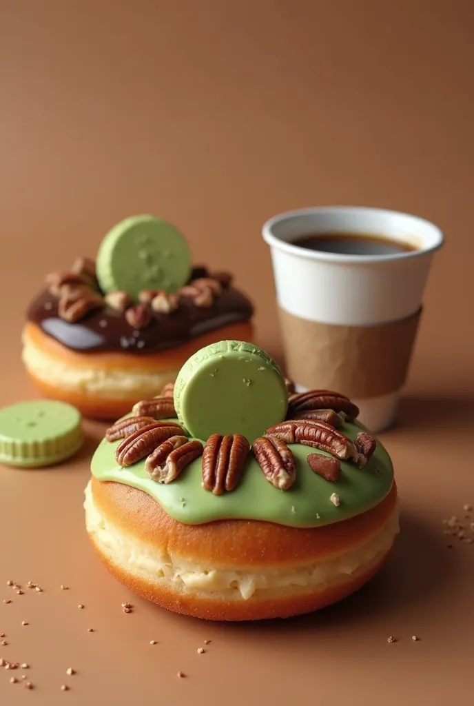 make two donuts one a matcha flavored donut with a piece of green chocolate on top and a coffee flavored donut with pecan nuts and chocolate on top with a plain brown background, add a coffee in a to go cup on the side 