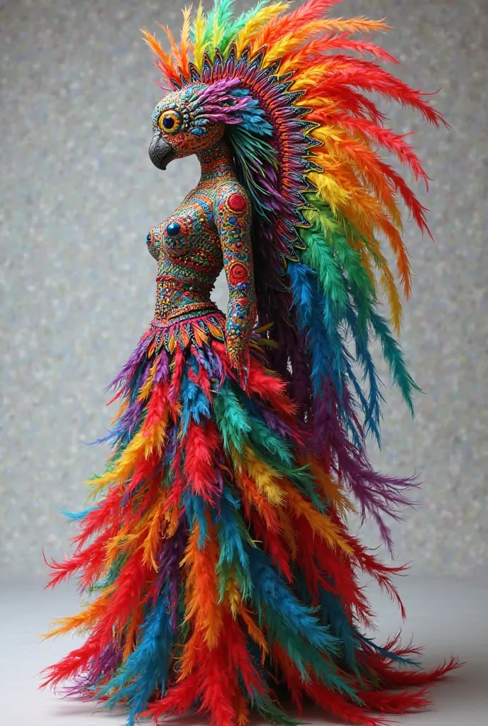 Full-length women's costume inspired by Mexican Alebrijes from Oaxaca with lots of color, feathers on the back, and easy to recreate