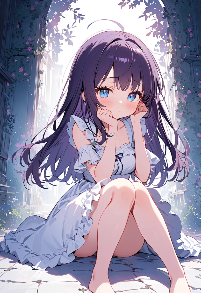 an anime girl with long, dark violet hair that falls to her knees. Fair skin with rosy cheeks. Light blue eyes, wearing a white dress with ruffles, barefoot, with medium breasts,