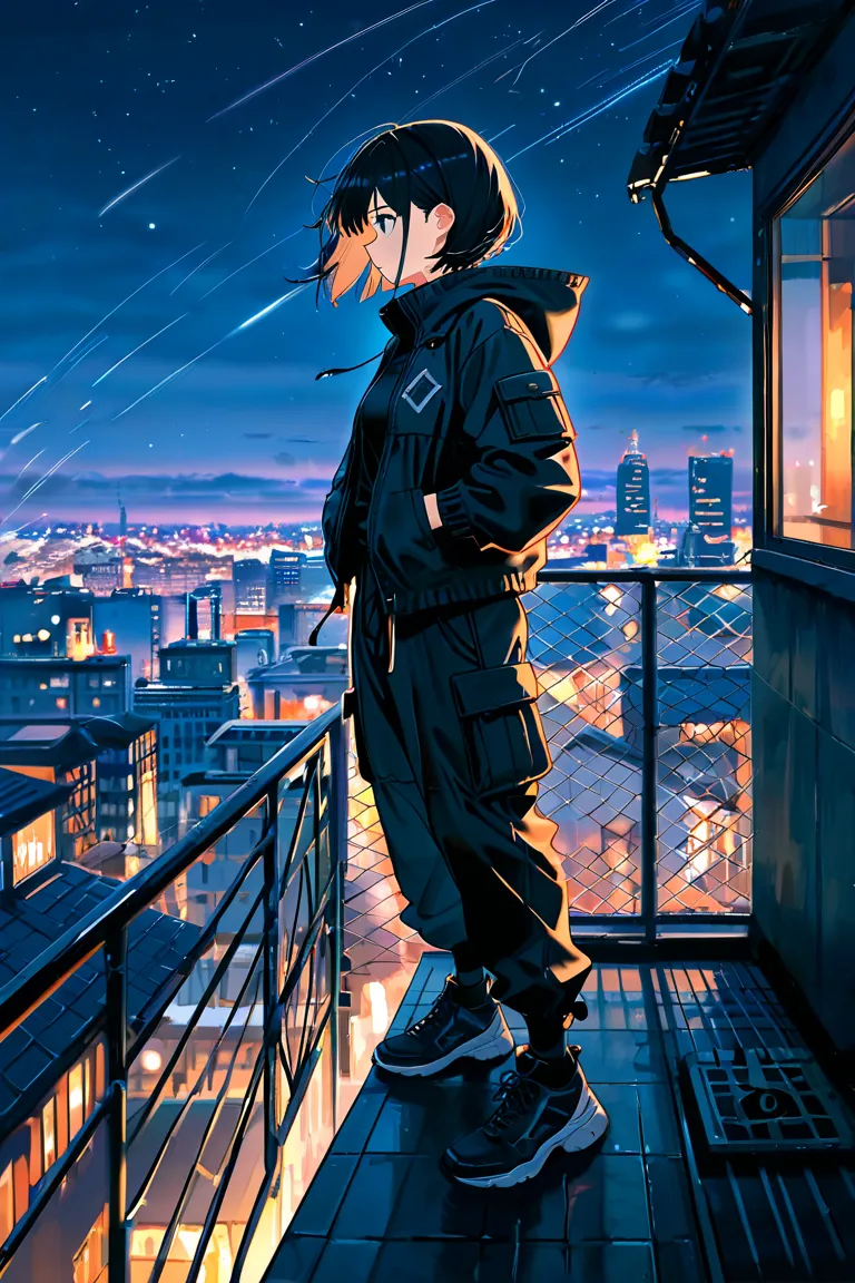 score_9, score_8_up, score_7_up, UHD, 1girl, solo, Masterpiece, UHD, short boyish bob, black hair, side view, full body, a night scene, full scene, from far away, standing on edge of rooftop, facing edge of rooftop, looking out at city, boyish jacket, blac...