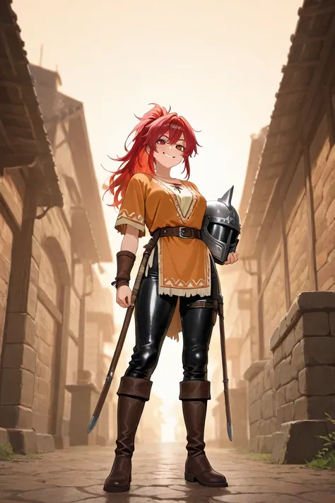 girl, attractive, red spiky hair, Viking clothes, smug, no helmet