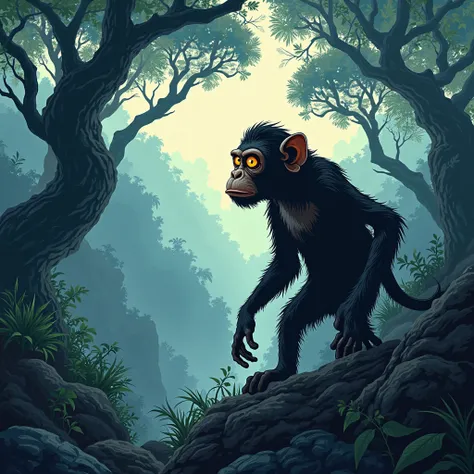 A curious monkey walking in a dark and mysterious valley, with crooked trees and heavy fog. In comic book style 