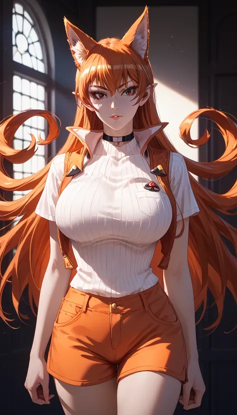 Ameri azazel, orange hair, long hair,Fox ears, (detailed lighting, highly detailed skin, highly detailed hair, shadows, 8k), looking at viewer,big breast.Closed clothing, choker. shorts. shirt. bottom facing down,Gangster clothes 