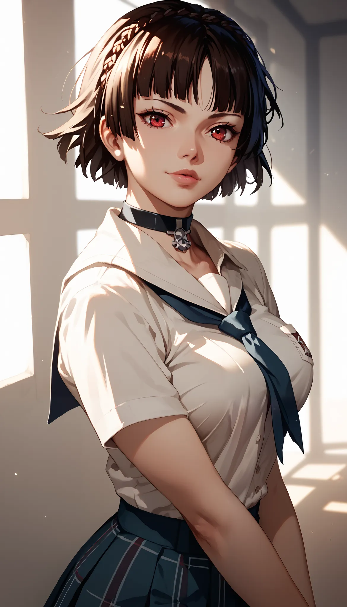 Makoto niijima, black hair, short hair, (detailed lighting, highly detailed skin, highly detailed hair, shadows, 8k), looking at viewer,big breast.Closed clothing, choker. Indonesian high school uniform 