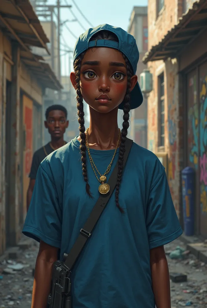 Create a young black gangster ager with straight back braids  wearing a blue shirt and a blue cap and holding a pistol and standing. In the hood 