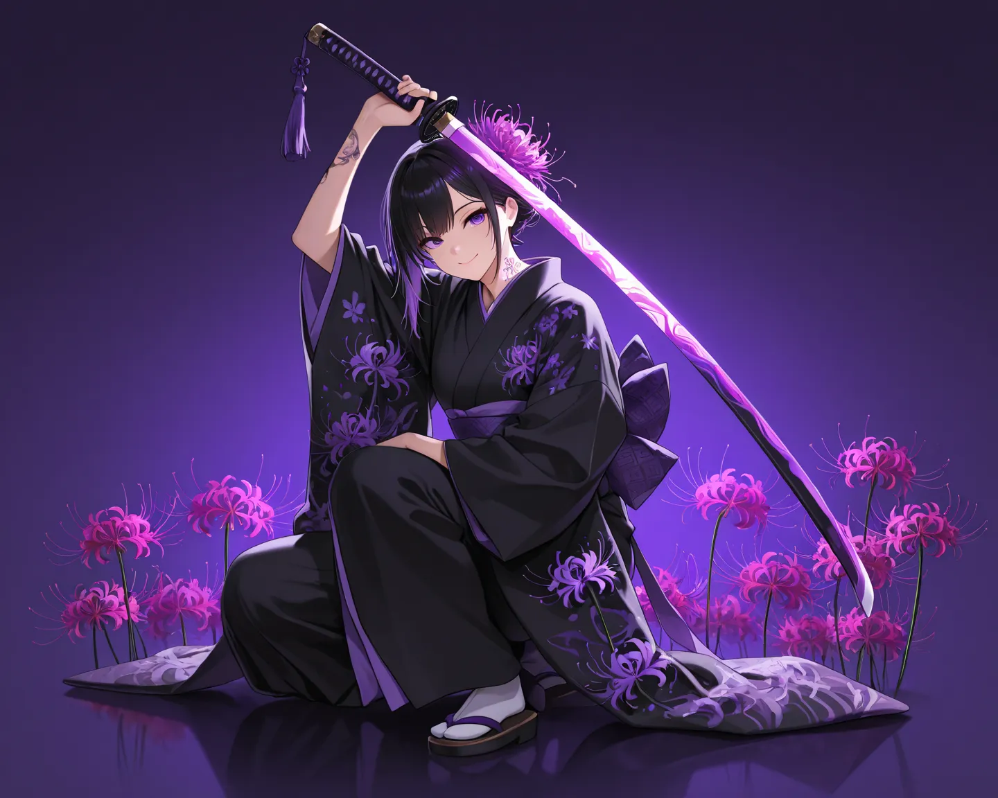 masterpiece, best quality, (masterpiece, best quality,  (detailed eyes), (detailed face),tattoo, A katana, simple background, gradient background, Purple Background、close-up,  mischievous smile, frizzy stomach、( detailed lighting), Rim Lighting, sharp conc...