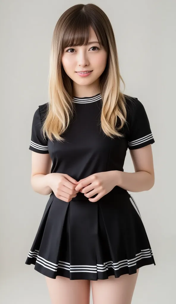  Silky Smooth Hair 、Blonde and long dark two-tone hair、 Super Long Hair 、flowing bangs、 hairstyle is straight、long hair that reaches the chest、black sailor suit、miniskirt、The hairstyle is a ponytail
