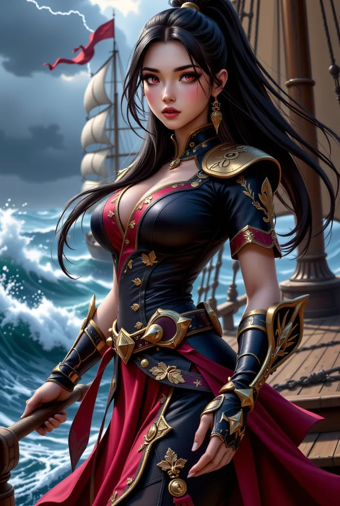 **Improved and Detailed Prompt (Respectful and Artistic Focus):**  

"Create a highly detailed, hyper-realistic digital illustration in 8K resolution, blending **cinematic realism** and **dynamic storytelling**, featuring a bold and powerful pirate captain...