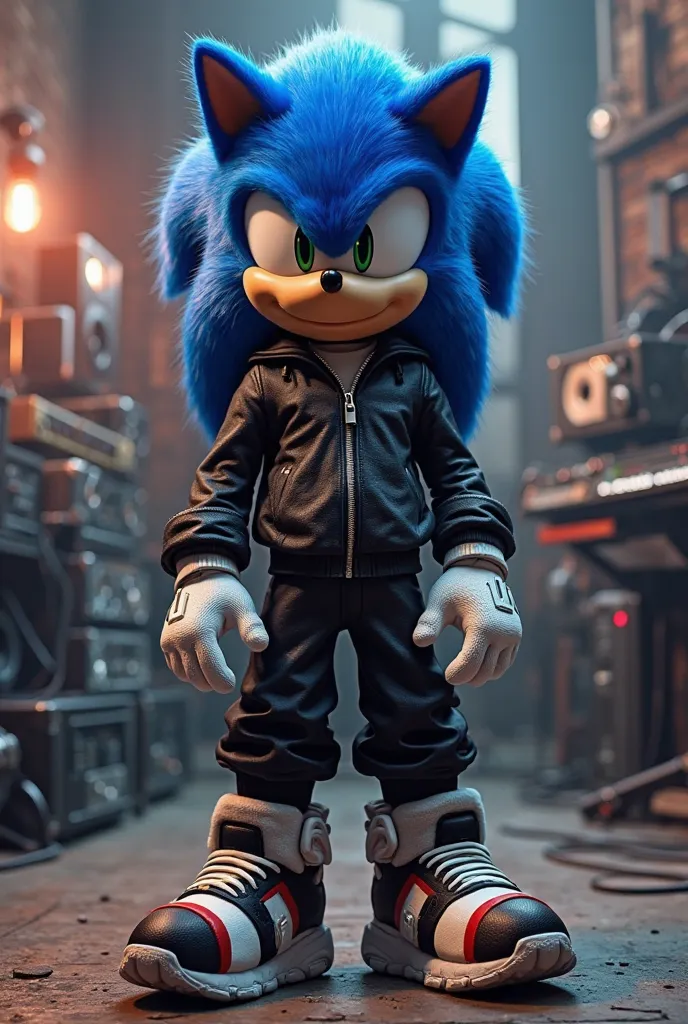 Create the character SONIC in black in a recording studio with a rapper style 