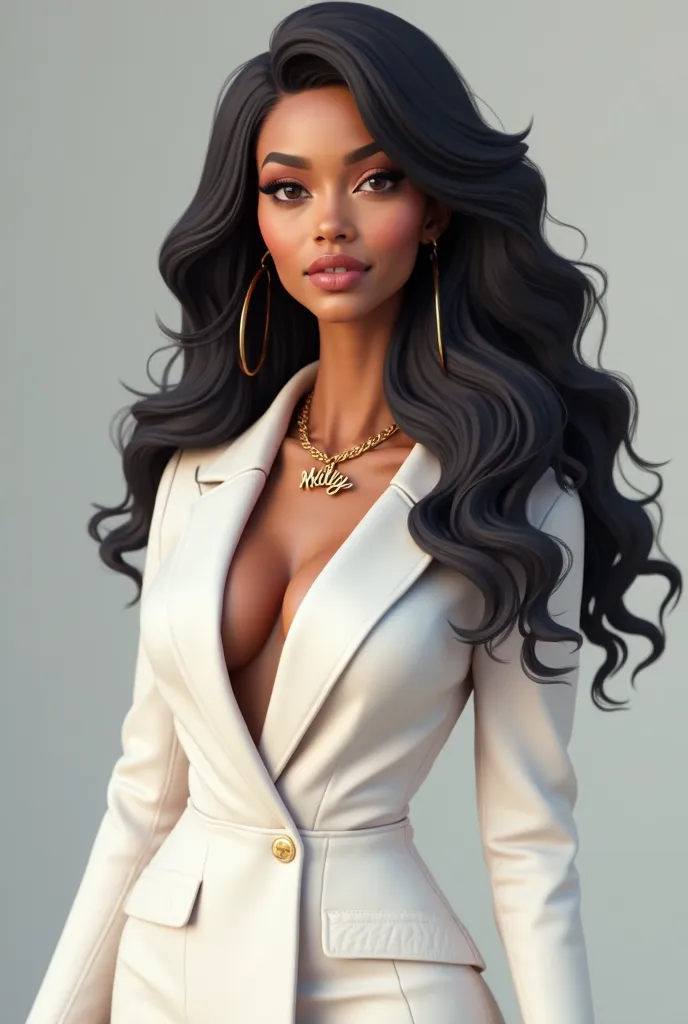 3D avatar of a woman with long curly black hair, brown skin color, And in a white professional outfit with lilac,  jeans,And a gold cord around the neck written "Milly",