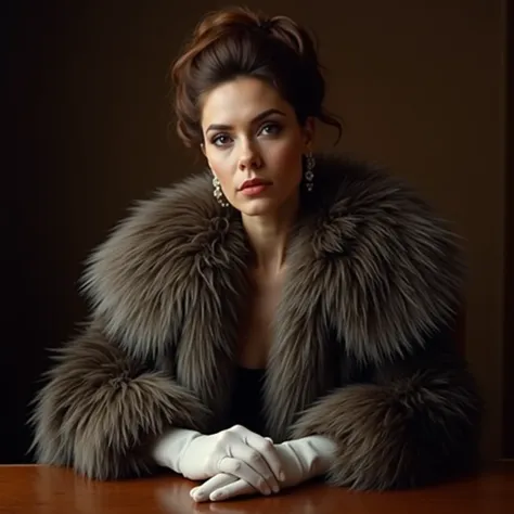 Rich woman, brown updo hair, scarlet eyes. She wears a huge giant heavy massive gigantic oversized big shaggy thick fluffy fuzzy long haired skunk fur coat, featuring very high collar. And wears a white gloves. And wears a white ankle shoes. She is sitting...