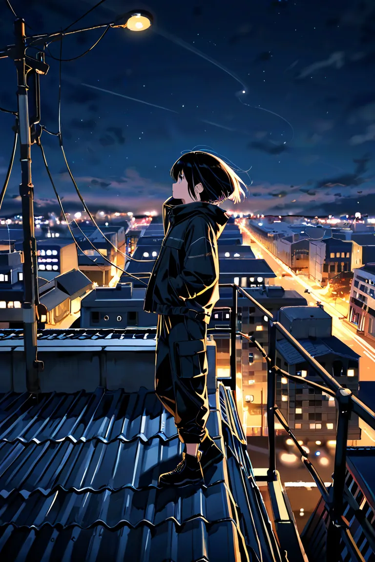 score_9, score_8_up, score_7_up, UHD, 1girl, solo, Masterpiece, UHD, short boyish bob, black hair, side view, full body, a night scene, full scene, from far away, standing on edge of rooftop, facing edge of rooftop, looking out at city, boyish jacket, blac...