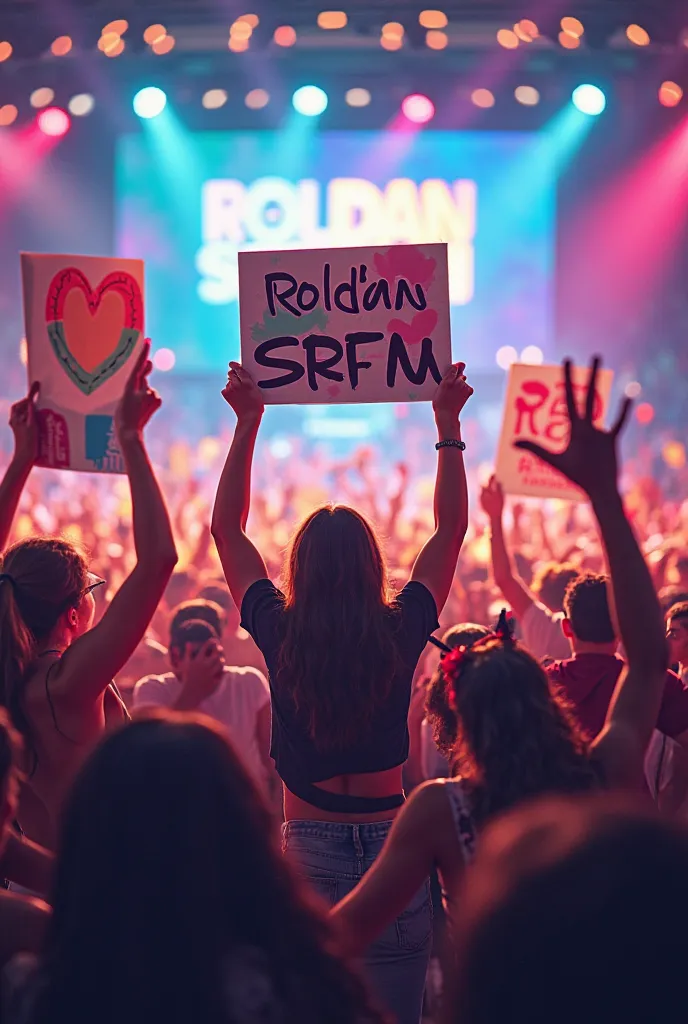 I need you to make a video with people jumping at the concert with their arms up and people with signs and banners that say Roldán SRFM and a heart