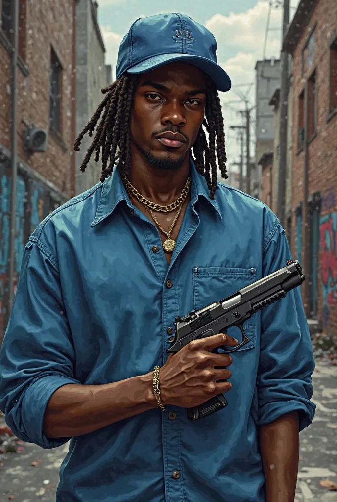 Create a young black gangster ager he has  straight back braids  wearing a blue shirt and a blue cap and holding a pistol and standing. In the hood 