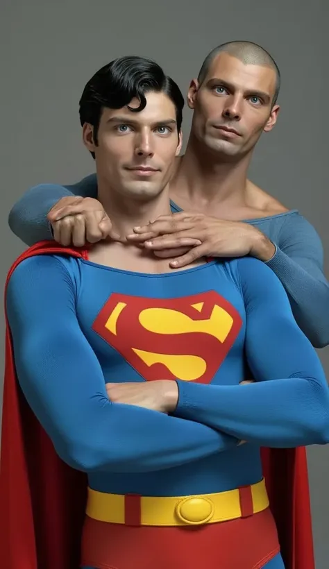 photographed in photo style. MAN IN THE FOREGROUND WITH BLACK SHORT HAIR WEARING BLUE SUPERMAN . 他身後的bald男性朋友, bald, Shirtless. hugging Superman dressed in superman from behind, Hands on Superman's chest

Superman: [ middle-aged man of the same age], [ blu...