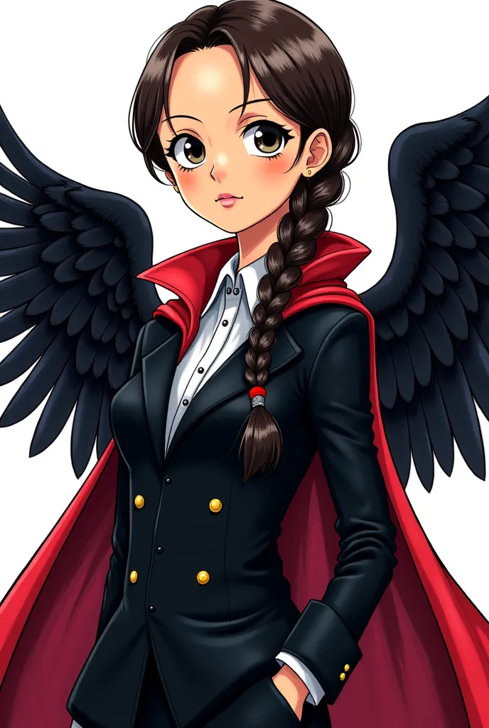 Generate a ONE PIECE style color manga panel, a girl with light tan skin, dark brown hair tied in a long braid and a pollina almond-shaped eyes with long eyelashes, dressed in a black men's dress suit, style with the cape of oa marine from one piece and tw...