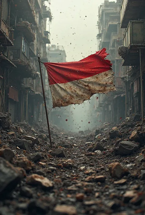 Indonesian flag torn to shreds in horrific war zone littered with rubble of destroyed buildings