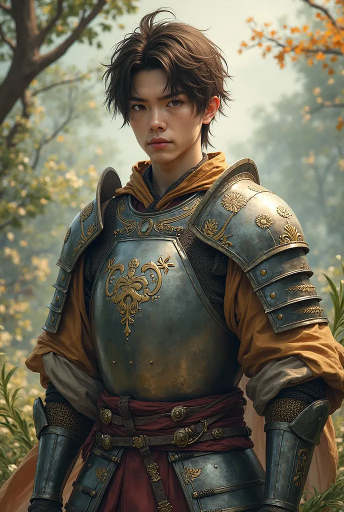 young man warrio have a japanese brown eyes short brown hair wear a Light Knight armor 