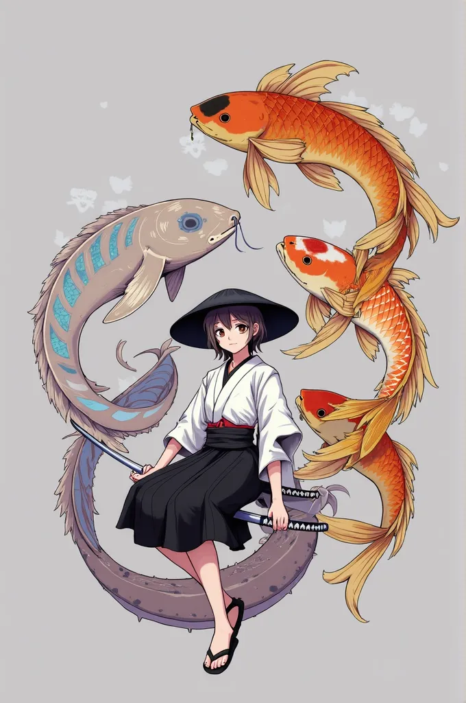 Masterpiece, best quality, good quality, very awa, newest, highres, absurdres, solo, hat, sitting, weapon, Japanese clothes, sword, wide sleeves, grey background, kimono, mask, katana, 1other, sheath, hakama skirt, fish, monster, sheathed, fins, scales, ha...