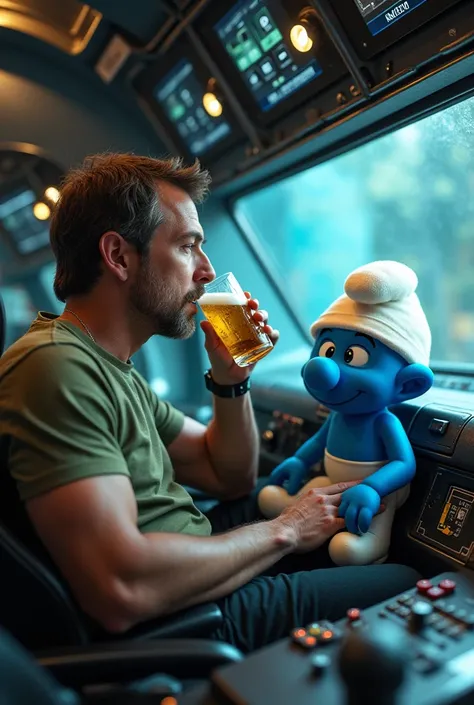 Create image of driver Jaime Mausan wearing olive green t-shirt sitting drinking beer with Papa Smurf inside a UFO