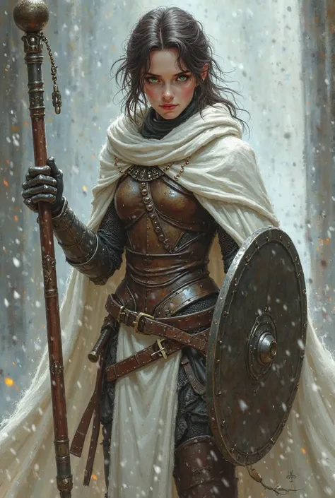 Full body, A worriorwoman, light skin, determined face, very light bright green eyes, medium scruffy dark brown hair, holding swinging flail, holding a shield. Storm cold cleric. fire, dustruction, rainstorm (((wearing a white cloak))), combined pieces of ...