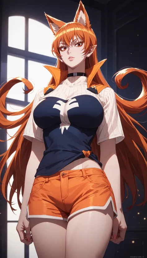 Ameri azazel, orange hair, long hair,Fox ears, (detailed lighting, highly detailed skin, highly detailed hair, shadows, 8k), looking at viewer,big breast.Closed clothing, choker. shorts. shirt. bottom facing down,Gangster clothes 