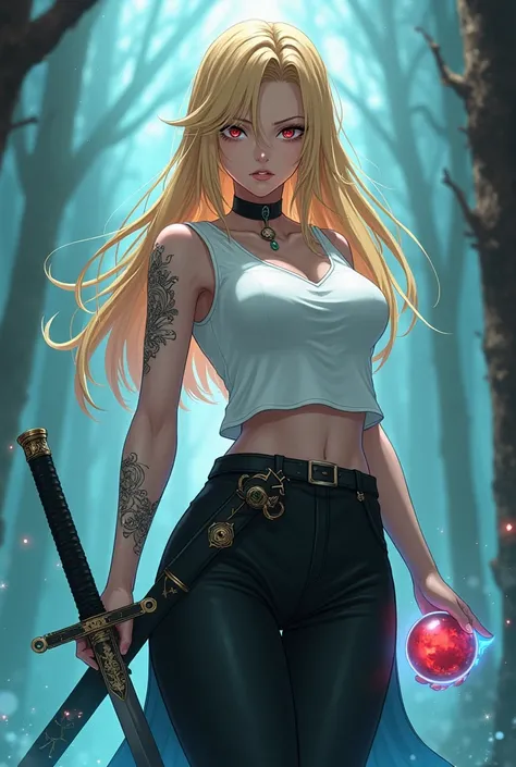 a blond woman of the class magic swordsman of the dark element, she wears black pants and a white vest, Your sword is an oriental sabre with a black handle and a cyan blue blade, anime style, she has an angry face, has power runes on her left arm, and a sp...